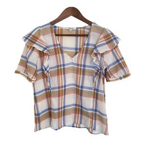 Madewell Women's Plaid Ruffle Front Blouse Size M Cotton Textured Gauze‎ Cottage